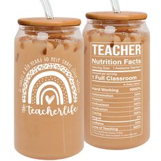 two glass jars filled with peanut butter and jelly beans, each containing a label for teacher nutrition