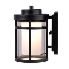 an outdoor wall light that is black and has a white light on the outside side