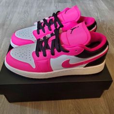 Jordan Mid 1 Low Fierce Pink/Black 5y Fierce Pink Jordan 1, Drippy Shoes, Jordan Shoes For Kids, Nike Shoes High Tops, Jordan Pink, Black Shoes Sneakers, Nike Shoes Women Fashion, Jordan Mid, Pink Jordans