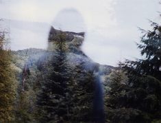 a blurry image of a person standing in front of some trees and bushes,