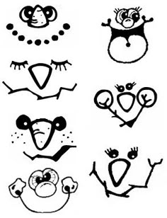 some black and white drawings of different types of animals with eyes, nose, mouth, head