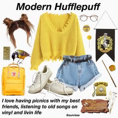 a poster with the words modern hufflepuff on it and various items surrounding it