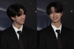 two pictures of a young man in a suit and tie smiling at the same time