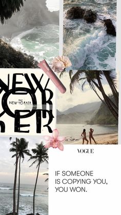 a collage of photos with the words new year on it and palm trees in the background