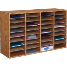 a wooden shelf filled with files and folders