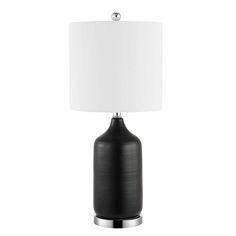 a black table lamp with a white shade