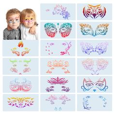 children's temporary face tattoos with different designs and colors on each side, including the eyes