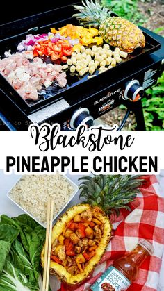 an outdoor bbq with pineapple chicken and other foods on it, including spinach