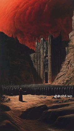 an image of a red sky over a castle with people standing in front of it