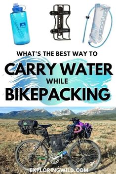 a bike with water bottles and backpacks on the back is featured in this advertisement