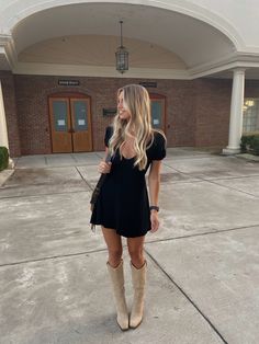 Western Boot Dress Outfit, Cute Outfits Nashville, Cowgirl Boots Party Outfit, Birthday Outfit With Cowgirl Boots, Black Cowboy Boots And Dress Outfit, Cowboy Boots With Black Dress, Black Dresses With Cowgirl Boots, Dress And Cowboy Boots Outfit Summer