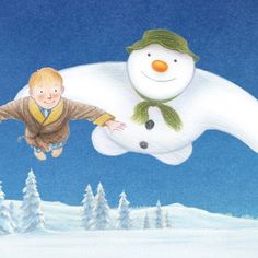 there is a snowman and a boy that are flying in the air with each other