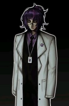 an anime character with purple hair wearing a white coat and black shirt, standing in front of a dark background