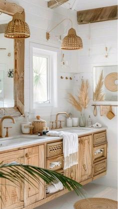 a bathroom with wooden cabinets and white walls