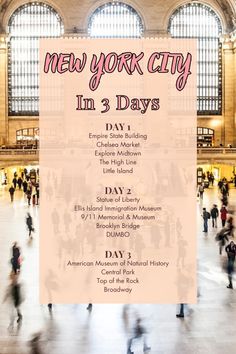 the new york city in 3 days poster is displayed with people walking around and looking at it