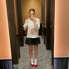 outfit red ballet flats mary janes Ballet Flats Shoes Outfit, Ballet Flats With Jorts, Strappy Ballet Flats Outfit, Fits With Ballet Flats, Ballet Flats Red Outfit, Ballet Flats Outfit Grunge, Red Doll Shoes Outfit, Red Mary Janes Outfit Aesthetic, How To Style Red Mary Jane Shoes