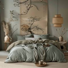 A close-up of the subtle color accents in a Japandi bedroom, highlighting the use of nature-inspired hues such as sage green, terra cotta, or dusty blue in bedding, pillows, or artwork, which add a gentle touch of visual interest Japandi Maximalist, Modern Eclectic Interior Design, Japandi Bedroom Design, Japandi Bedroom Ideas, Japandi Bedroom, Japandi Interiors, Cozy Interior Design, Balanced Living, Eclectic Interior Design