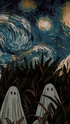 two ghost like figures in front of a starry night sky with trees and bushes