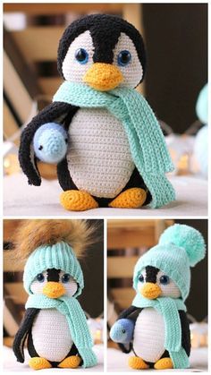 two pictures of a stuffed penguin wearing a knitted hat and scarf