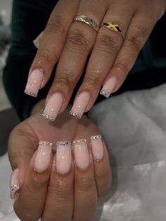 Nail Design Diamonds, 30th Bday Nails, Natural Nails With Gems, Short Nude Nails With Rhinestones, Acrylic Nails Designs Long, Pink Powder Acrylic Nails, Classy Graduation Nails, Square Acrylic Nails Long, Nude Nails With Rhinestones