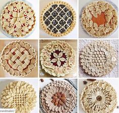 many different types of pies are shown in this collage, each with an individual's own design