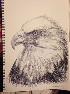 a drawing of an eagle's head in black and white ink on a notebook