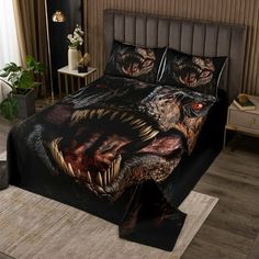 an image of a bed with dinosaurs on it