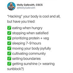 GGS Woman-in-Charge Molly Galbraith writes, “I don’t mean to sound flippant as I know doing these things takes practice, skill-building, support (and often a shit-ton of privilege).⁠ ⁠ My point is that if these core healthful habits aren’t nailed down — *most* folks don’t need to stress about supplements, nutrient timing, or “bio hacks.”⁠ If you’ve struggled with chasing each new fad, diet, or “hack” to try and improve your relationship with your body, we hear you. You’re not alone! Negative Beliefs, Improve Your Relationship, Skill Building, Move Your Body, Change Your Mindset, Have You Tried