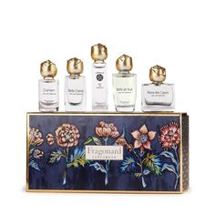 From Grasse, France - the perfume capital of the world comes this exquisite embossed Parfum Gift Box containing five charming petite Fragonard Eau de Parfum. Discover within a Diamant 5.5ml, Belle Cherie 8ml, L'Etoile 7.5ml, Belle de Nuit 11.5ml and Reine de Coeur 8.35ml Eau de Parfum. Each creation pays homage to Fragonard's original Parfum bottle designs. What a wonderful treat for French perfume devotess! Made in Grasse, France.  Saison is an official stockist of Fragonard in Australia. Grasse France, Parfum Bottle, Bottle Designs, French Perfume, The Perfume, Bottle Design, Gift Set, Gift Box, Australia