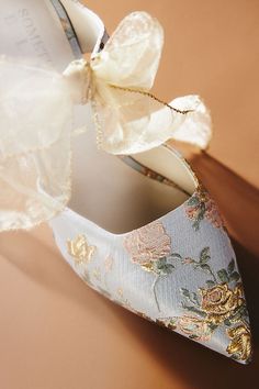 Floral brocade lends feminine texture to these pointy-toed mules, finished with a sheer bow. | Something Bleu Elvie Mules by Anthropologie in Blue, Women's, Size: 7, Leather Shoes Dressing, Shoe Inspo, Blue Fits, Wedding Heels, Pretty Shoes, Bridal Shoes, Look Cool, Smart Shopping, Cute Shoes