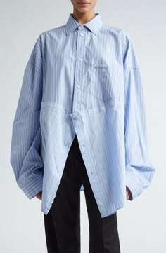 Balenciaga Cut Up Stripe Asymmetric Oversize Cotton Button-Up Shirt | Nordstrom Oversized Pinstripe Long Sleeve Shirt, Reworked Clothes, Upcycle Sewing, Fashion Design Portfolio, Fit Fashion, Cut Up, Shoulder Shirts, Tailored Shirts, Oversized Shirt