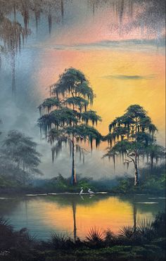 an oil painting of trees and birds in the foggy sunset over a body of water