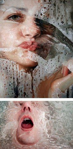 two pictures of a woman's face covered in water