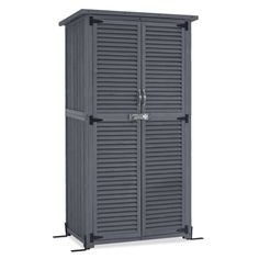 a tall gray storage cabinet with shutters on the front and side doors open,