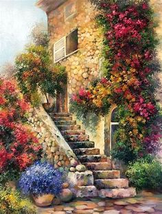 a painting of stairs leading up to a house with flowers growing on the outside wall