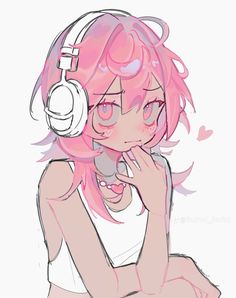 a girl with pink hair wearing headphones