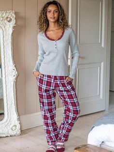 Pour Moi Rib Jersey Lace Trim Henley Top & Check Trouser Pyjama Set Casual Pyjamas, Sequin Dress Party, Lying In Bed, Check Trousers, Girls Sequin Dress, Sleep Easy, Pyjamas Set, Rib Top