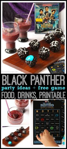 black panther party food, drinks and printables are featured in this photo collage