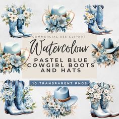 watercolor pastel blue cowgirl boots and hats clipart example for commercial use