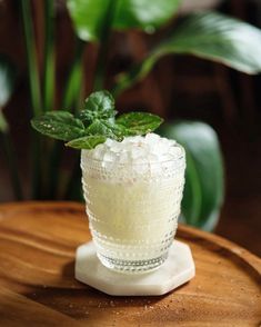 a glass filled with ice and mint on top of a wooden table next to a potted plant