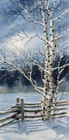 a painting of a snow covered field with a tree and fence in the foreground