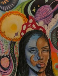 a drawing of a woman with her face painted in blue and red, surrounded by other colorful objects