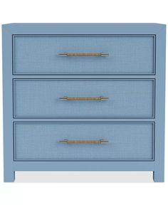 a blue dresser with three drawers and gold handles