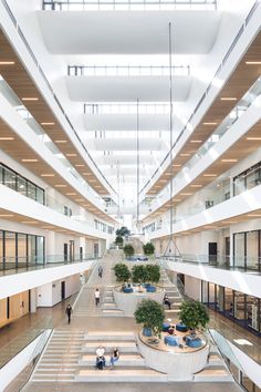 the interior of a large building with stairs and plants on each side of the walkway