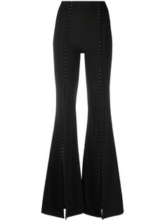 black stretch-design front hook and eye fastening front slit high waist flared design Black Flared Trousers, Black Flare Pants, Eid Outfit, Preformance Outfits, Korean Casual Outfits, Model Inspo, Denim Skirt Women, Flared Trousers, Black Flare