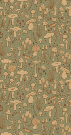 Repeating Pattern with sketchy illustrations of a variety of mushrooms, herbs, leaves and other natural autumn elements! Green background with orange-yellow-ish filling and inks Earthy Wallpaper Phone, Canva Backgrounds, Mushroom Wallpaper, Wallpaper Themes, Mushroom Forest, Artistic Wallpaper, Apartment Patio, Wallpaper Patterns