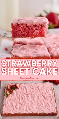 strawberry sheet cake with pink frosting and strawberries on the side, cut in half