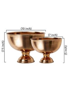 two brass bowls are shown with measurements for the size and width, along with each other