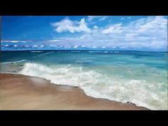 an oil painting of the ocean with waves coming in to shore and blue sky above