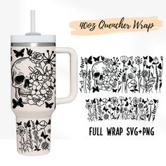 a white coffee mug with black and white designs on it, next to an image of a flowered skull